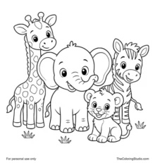 Friendly elephant, giraffe, zebra, and lion cub grouped in a crop-safe Safari and Savannah Animals illustration with simple grass tufts on a white background.