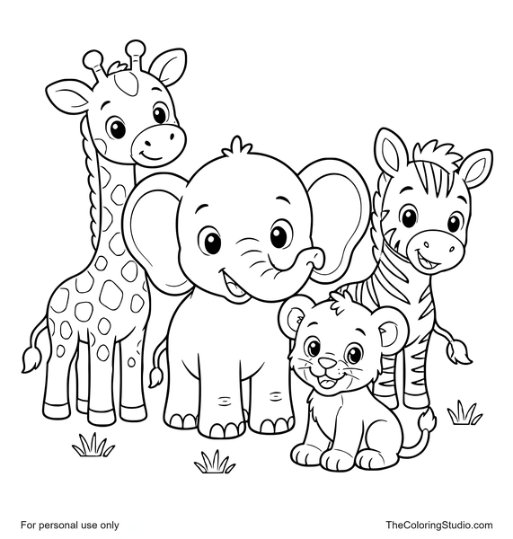 Friendly elephant, giraffe, zebra, and lion cub grouped in a crop-safe Safari and Savannah Animals illustration with simple grass tufts on a white background.