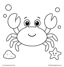 smiling crab with bubbles a small rock and a starfish
