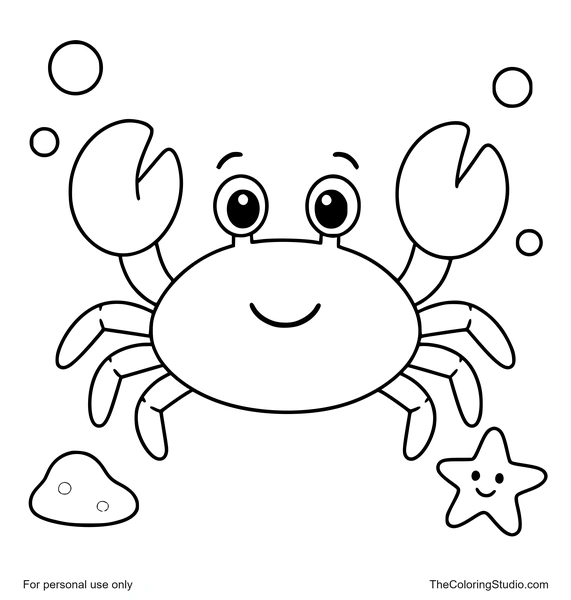 smiling crab with bubbles a small rock and a starfish