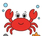 smiling crab with bubbles a small rock and a starfish