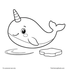 smiling narwhal swimming with a simple water ripple and small ice patch
