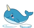 smiling narwhal swimming with a simple water ripple and small ice patch