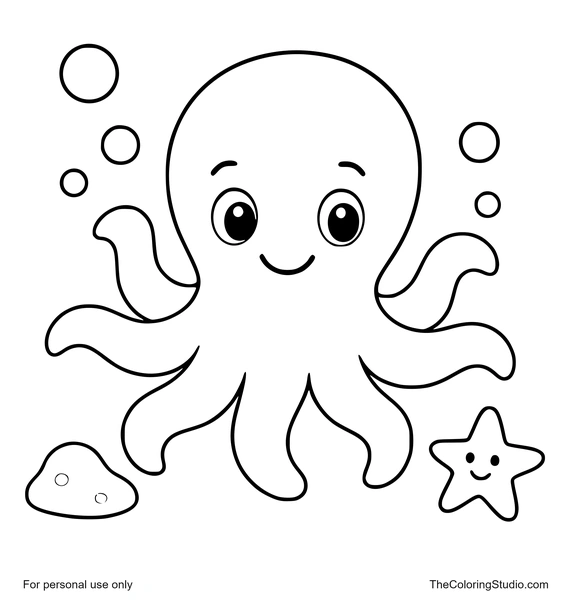 friendly octopus with bubbles a small rock and a starfish