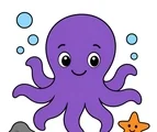 friendly octopus with bubbles a small rock and a starfish