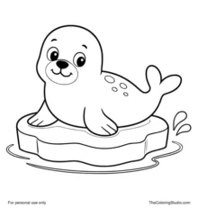 smiling seal resting on a small ice floe with water ripple and splash