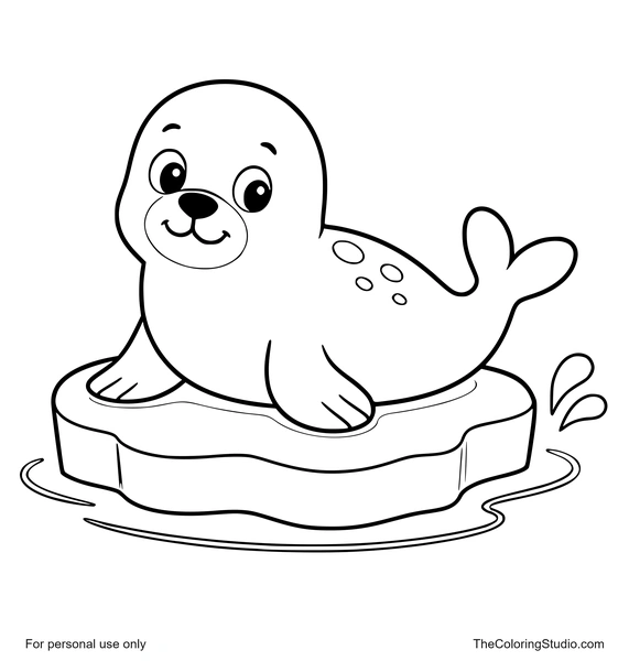 smiling seal resting on a small ice floe with water ripple and splash