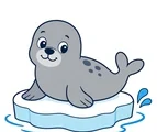 smiling seal resting on a small ice floe with water ripple and splash
