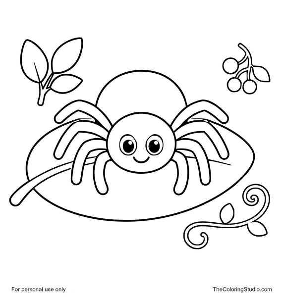 cute smiling spider sitting on a forest leaf with berries and vine