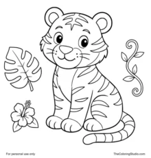 cute tiger sitting with tropical leaf vine and flower