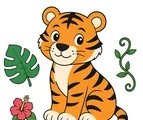 cute tiger sitting with tropical leaf vine and flower