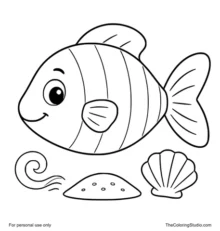 striped ocean fish swimming with a water swirl sandy mound and shell