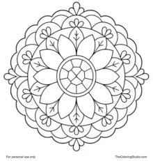 Sunflower floral mandala with broad yellow petals, green leaf shapes, and flat decorative rings on white background.