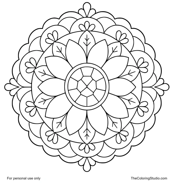 Sunflower floral mandala with broad yellow petals, green leaf shapes, and flat decorative rings on white background.