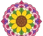 Sunflower floral mandala with broad yellow petals, green leaf shapes, and flat decorative rings on white background.
