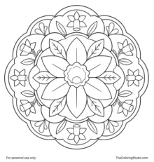 Daffodil mandala with broad yellow petals, green leaf shapes, and flat decorative rings on a white background.