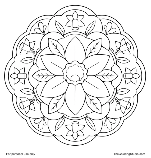 Daffodil mandala with broad yellow petals, green leaf shapes, and flat decorative rings on a white background.