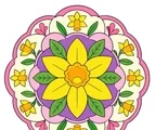 Daffodil mandala with broad yellow petals, green leaf shapes, and flat decorative rings on a white background.