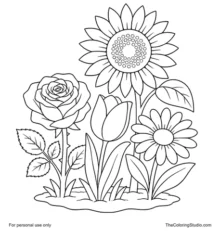 Rose, tulip, sunflower, and daisy grouped on a simple garden patch on a white background.