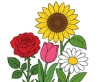 Rose, tulip, sunflower, and daisy grouped on a simple garden patch on a white background.