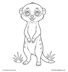Sunny young meerkat standing upright with a happy face, small paws, curved tail, and savannah grass tufts on a white background.