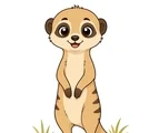 Sunny young meerkat standing upright with a happy face, small paws, curved tail, and savannah grass tufts on a white background.