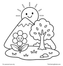 Flower, tree, mountain, and sun grouped on a simple grassy hill on a white background.