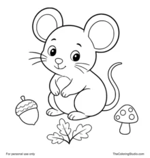 cute forest mouse sitting near an acorn leaves and mushroom