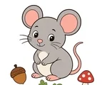 cute forest mouse sitting near an acorn leaves and mushroom