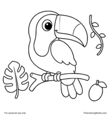 cute toucan perched on a rainforest branch with tropical leaves vine and fruit