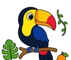 cute toucan perched on a rainforest branch with tropical leaves vine and fruit