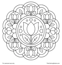 Tulip mandala with broad pink petals, green leaf shapes, and flat decorative rings on a white background.
