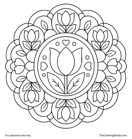Tulip mandala with broad pink petals, green leaf shapes, and flat decorative rings on a white background.