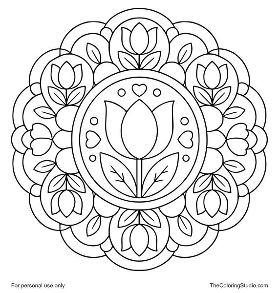 Tulip mandala with broad pink petals, green leaf shapes, and flat decorative rings on a white background.