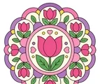 Tulip mandala with broad pink petals, green leaf shapes, and flat decorative rings on a white background.