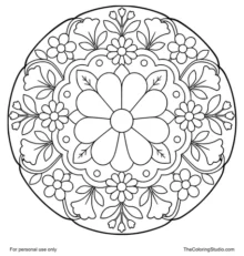 Wildflower mandala with broad colorful petals, green leaf shapes, and flat decorative rings on a white background.
