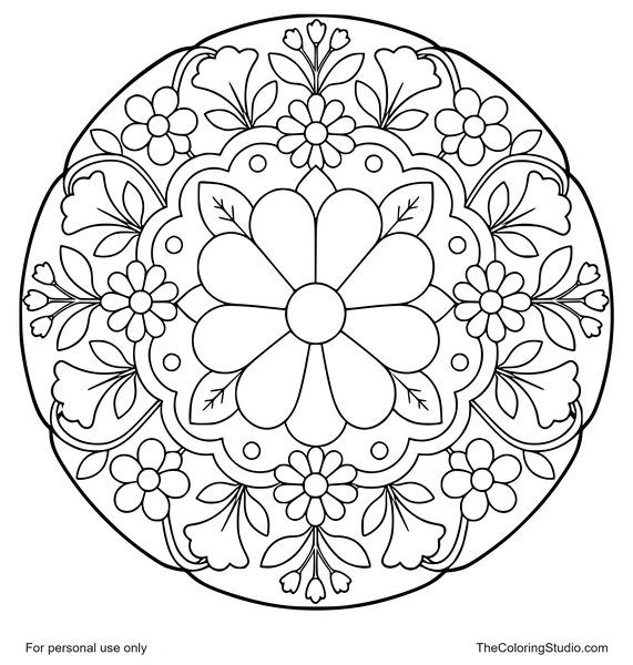 Wildflower mandala with broad colorful petals, green leaf shapes, and flat decorative rings on a white background.