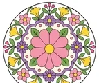 Wildflower mandala with broad colorful petals, green leaf shapes, and flat decorative rings on a white background.