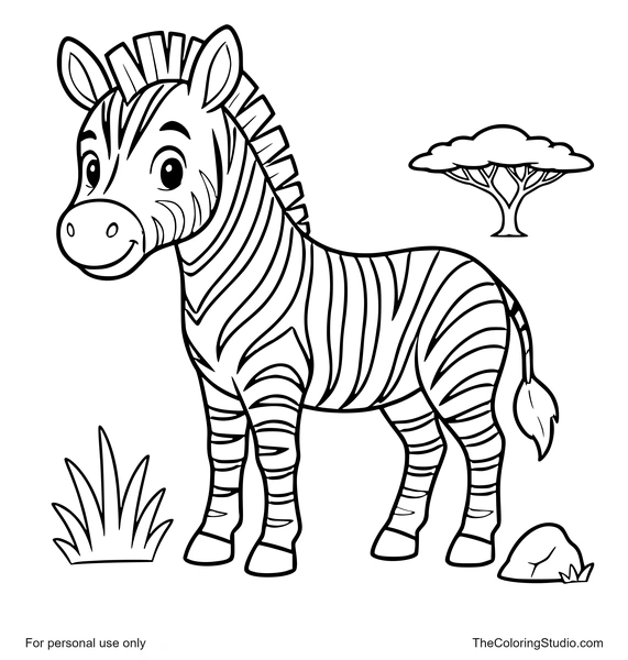 friendly zebra standing with simple savannah details
