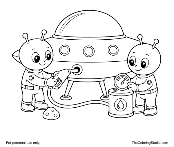 Two aliens refueling a landed UFO with a hose and round gauge on a white background.