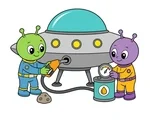 Two aliens refueling a landed UFO with a hose and round gauge on a white background.