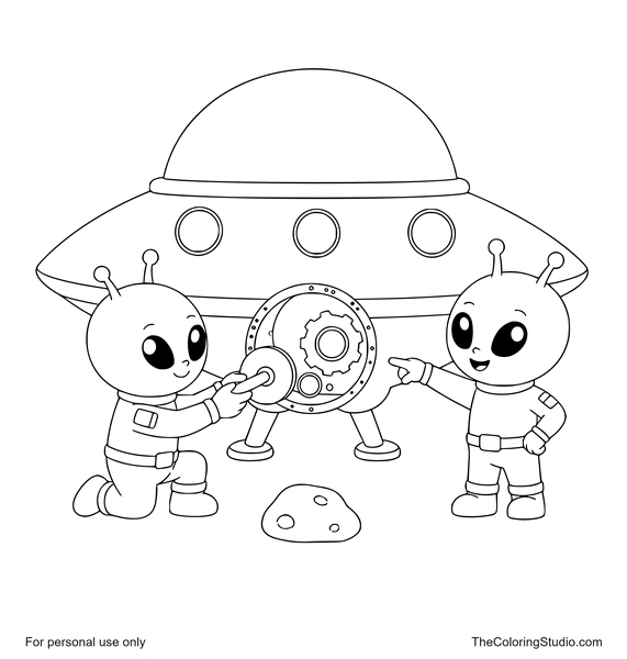 Two small aliens repairing the open panel of a silver UFO beside a moon rock on white.