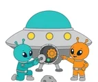 Two small aliens repairing the open panel of a silver UFO beside a moon rock on white.