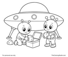 Two friendly aliens collecting moon rocks beside a landed silver UFO on a white background.