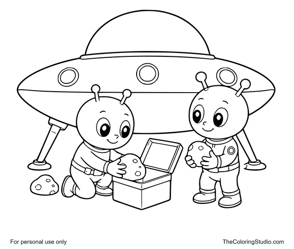 Two friendly aliens collecting moon rocks beside a landed silver UFO on a white background.