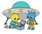 Two friendly aliens collecting moon rocks beside a landed silver UFO on a white background.