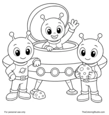 Three colorful aliens gathered around a landed UFO, with one waving from the dome and another holding a moon rock.