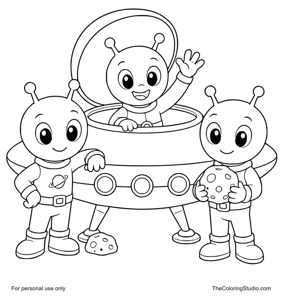 Three colorful aliens gathered around a landed UFO, with one waving from the dome and another holding a moon rock.