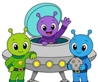 Three colorful aliens gathered around a landed UFO, with one waving from the dome and another holding a moon rock.