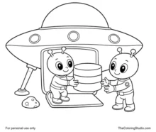 Two friendly aliens unloading a round container from a landed silver UFO on a white background.